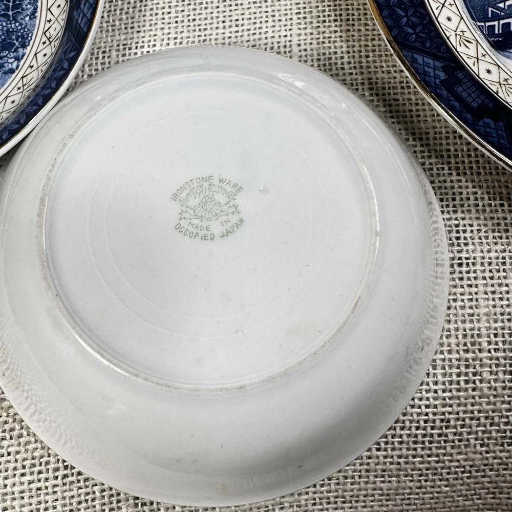 Vintage Occupied Japan Ironstone Blue Willow China Lot 5 Mixed Pieces Gold Trim